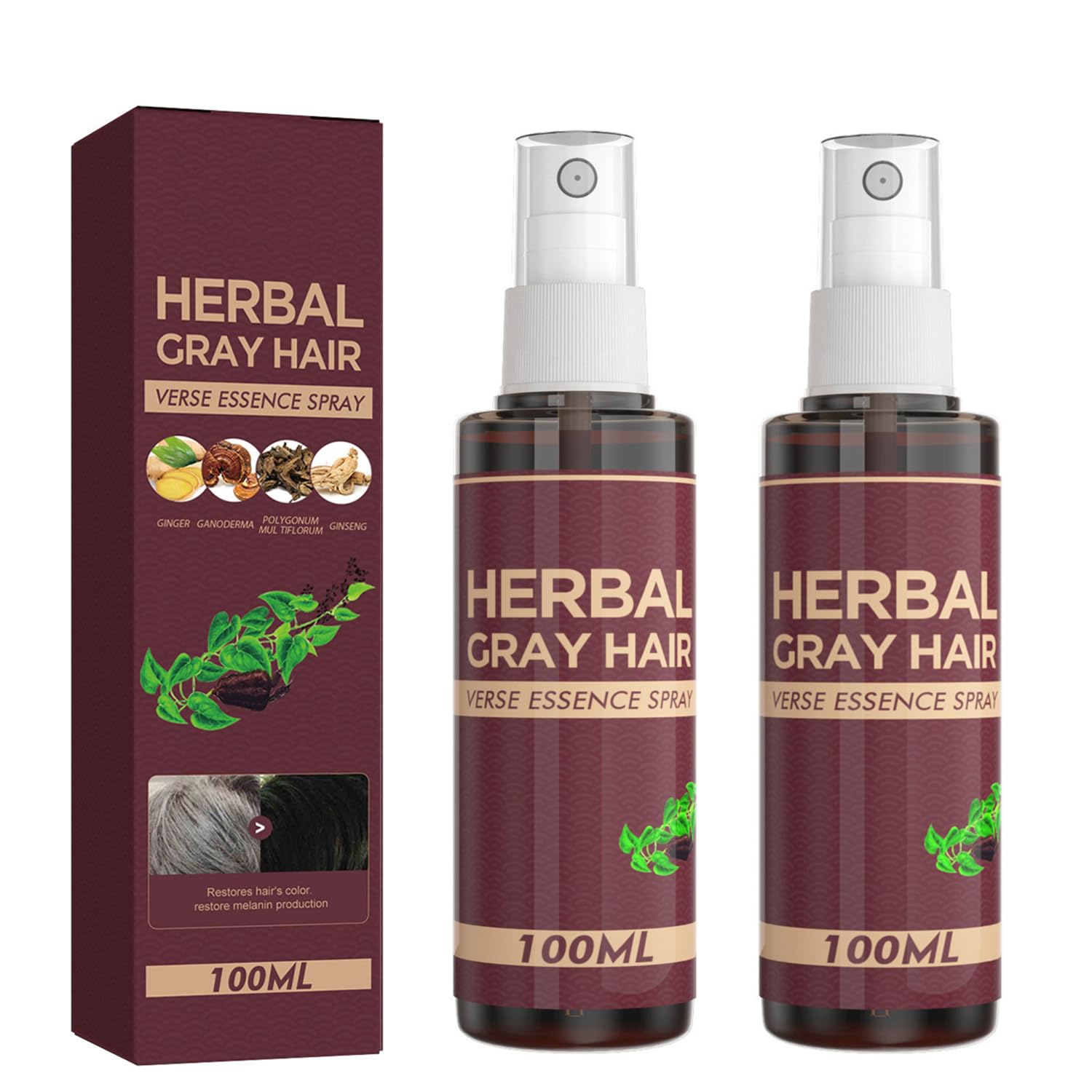 YG LianKai Gray Hair Verse Essence Spray bottle close-up showing gradual darkening.