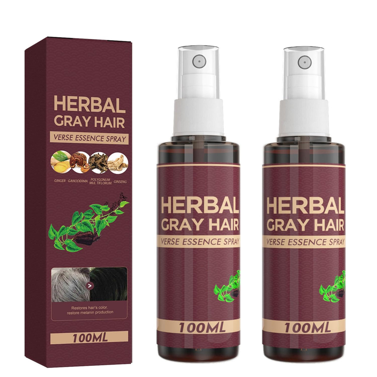 YG LianKai Gray Hair Verse Essence Spray bottle close-up showing gradual darkening.