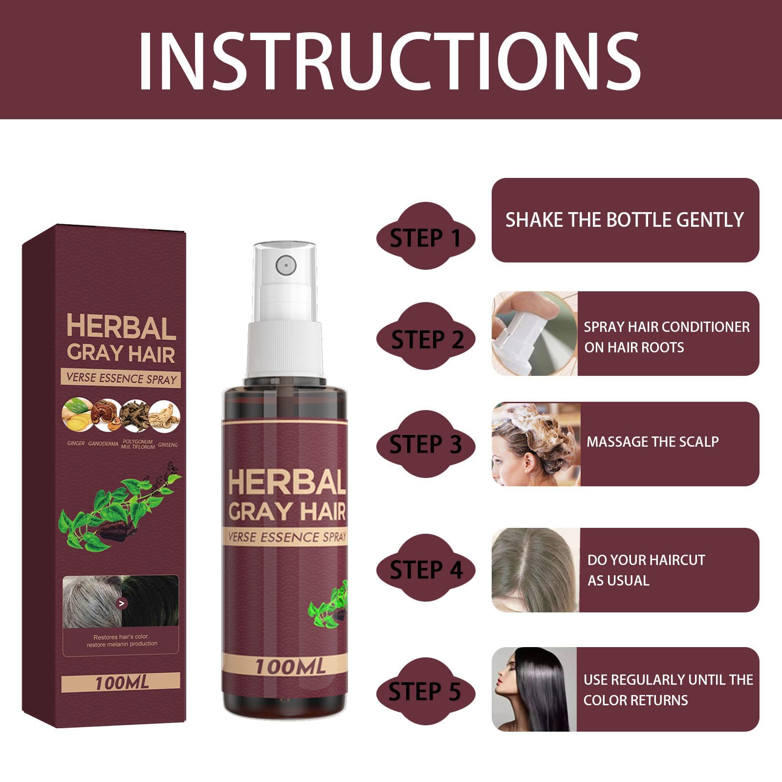 YG LianKai Packaging shows two bottles of Gray Hair Verse Essence Spray.