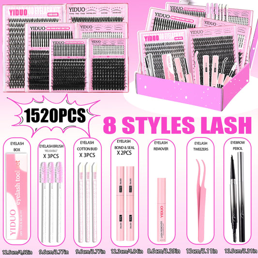 YIDUO 1520-pcs cluster lashes offering extensive styling options.
