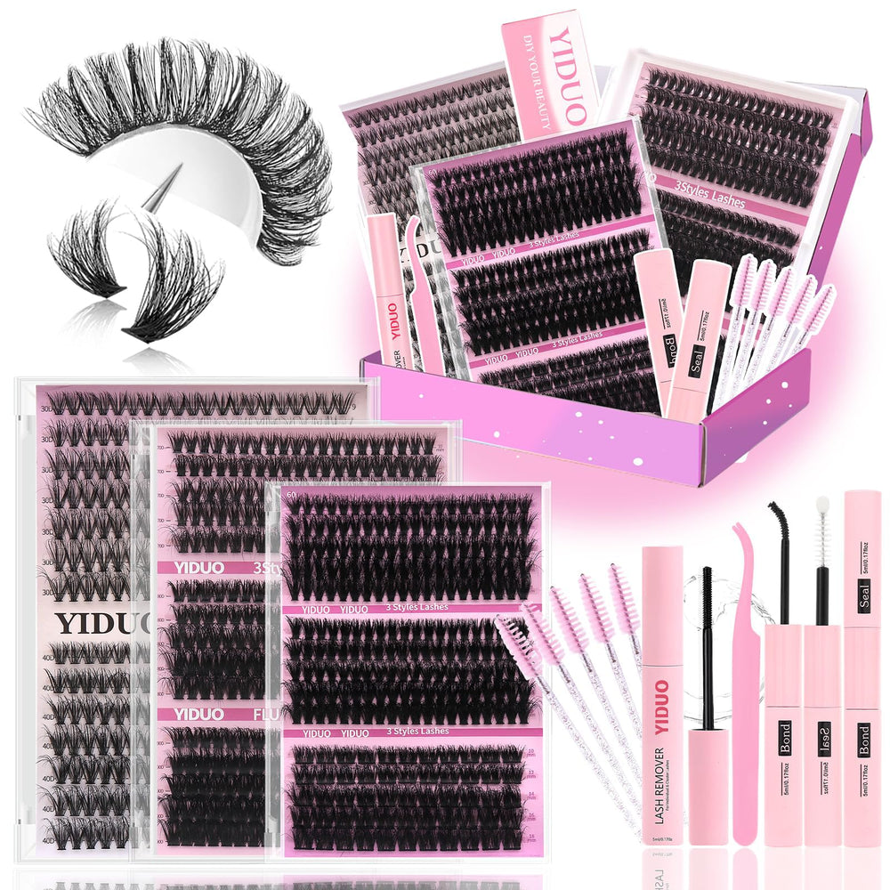 YIDUO cluster lashes kit open box displaying seven styles for selection