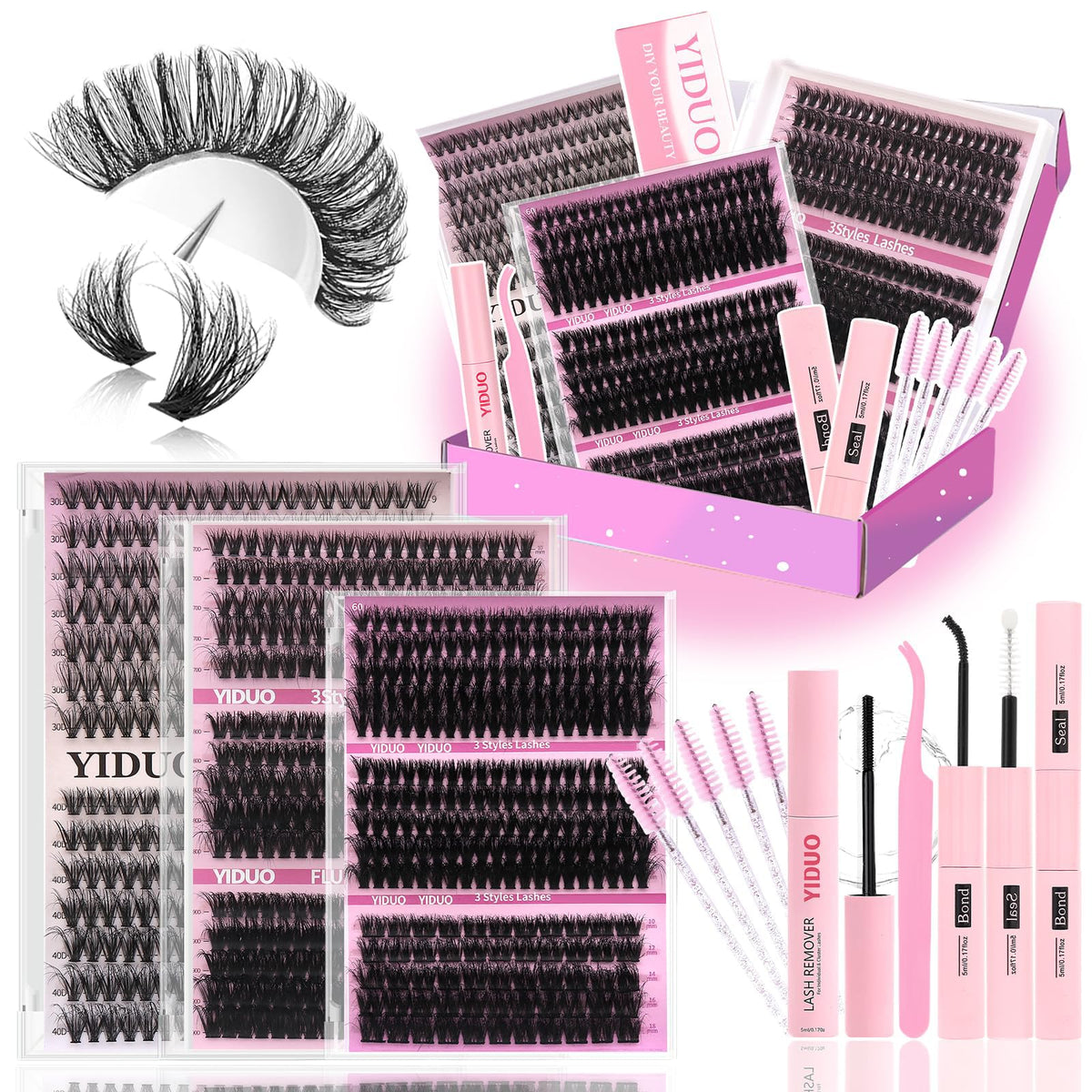 YIDUO cluster lashes kit open box displaying seven styles for selection