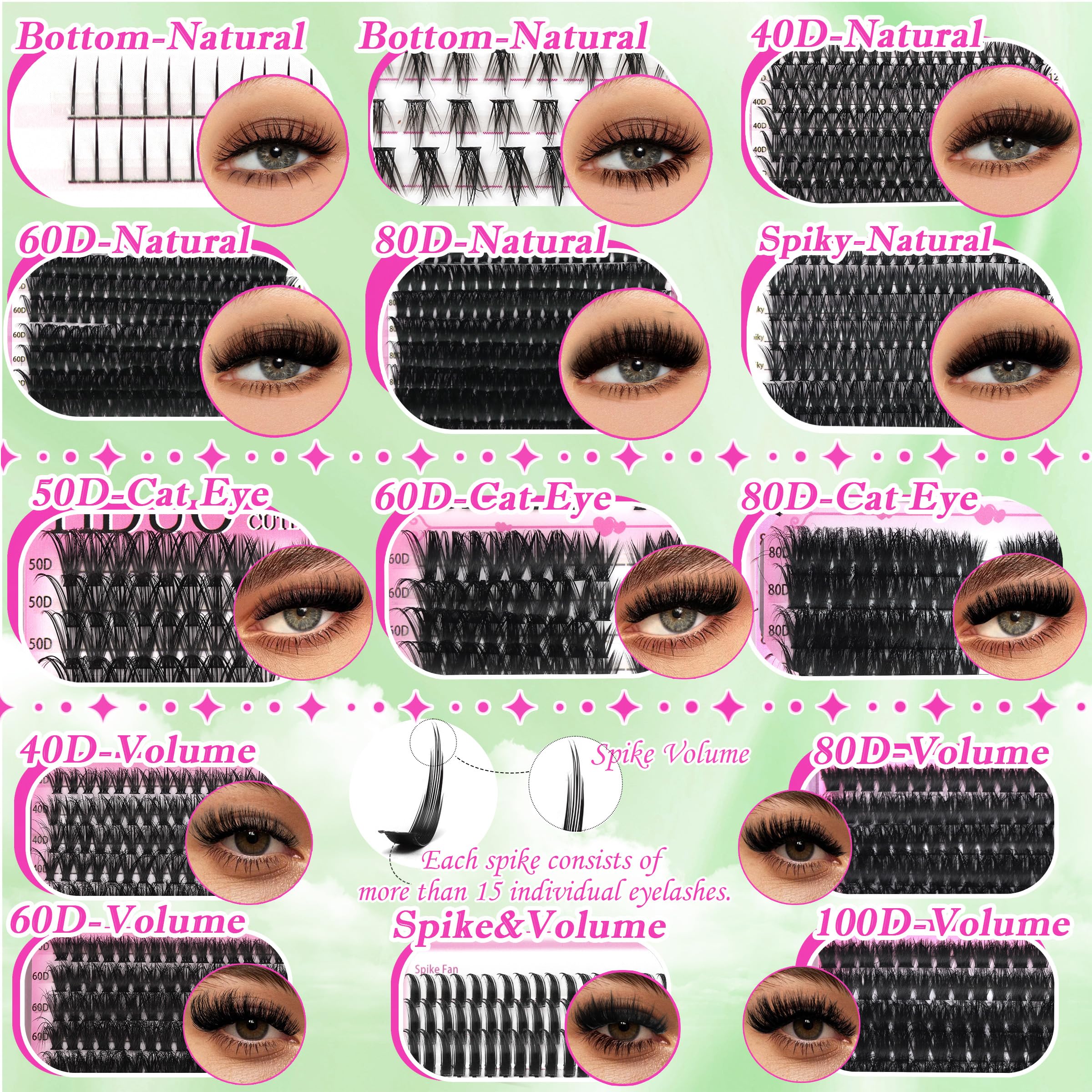 YIDUO Lashes Clusters Spike-Bottom detail highlights unique shaping for dramatic volume.