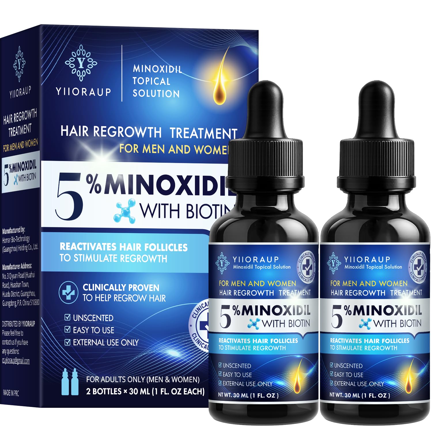 YIIORAUP 5% minoxidil bottle for targeted thinning areas and daily use.