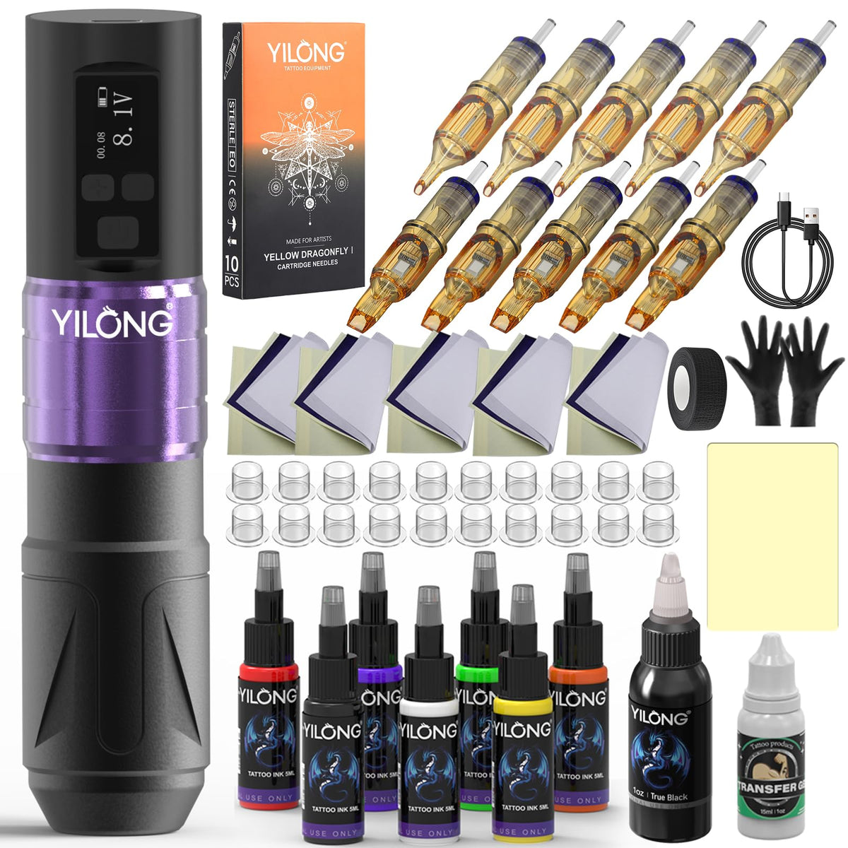 YILONG tattoo gun kit front view with ergonomic grip for long sessions.