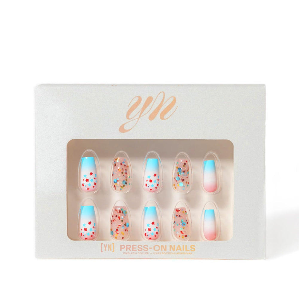 YN Young Nails Rocket Glitz bottle shows bold press-on color for quick chic looks.
