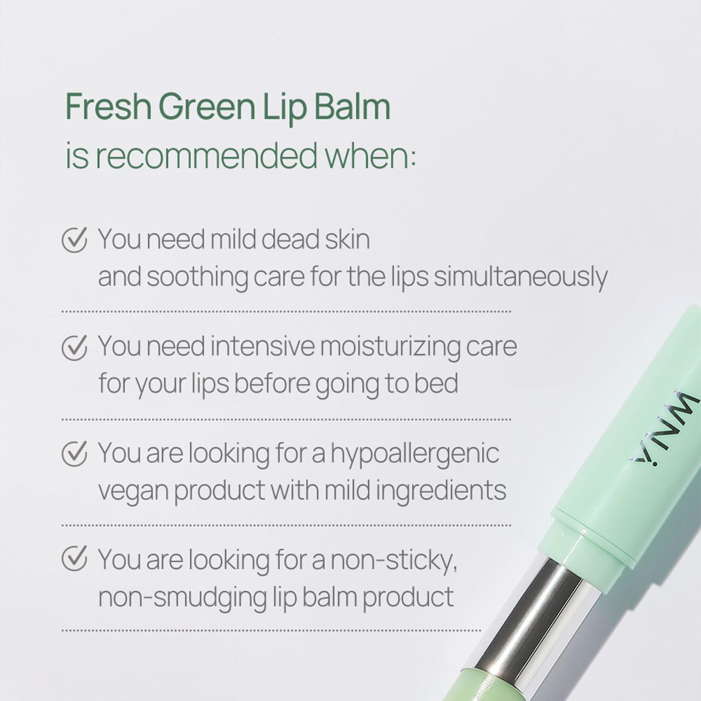 YNM Fresh Green Lip Balm hypoallergenic tested with irritation index