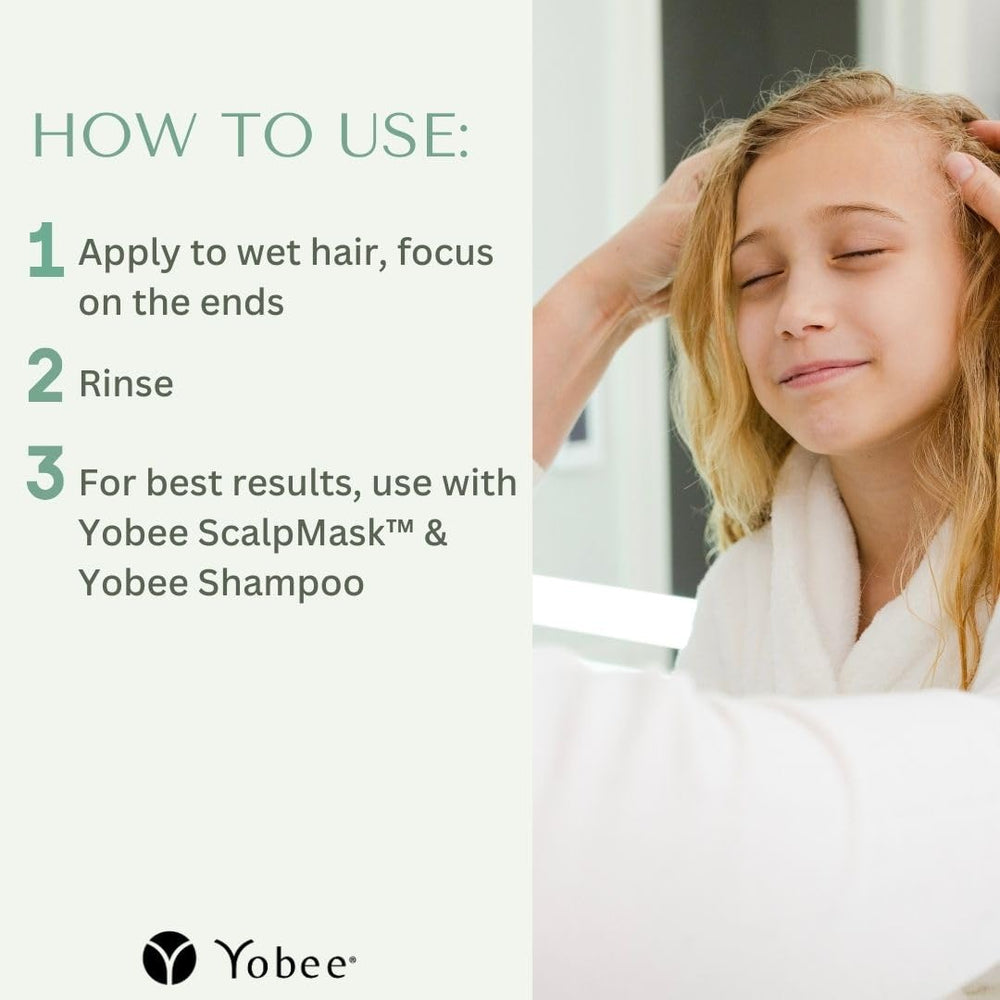Hair close-up with Yobee conditioner for deep hydration and strength