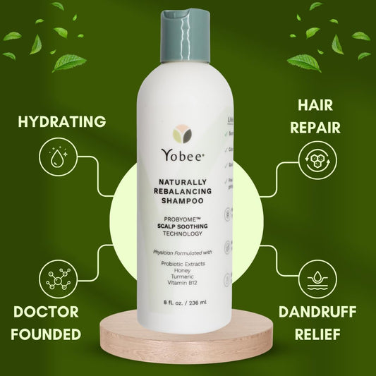 Yobee Rebalancing Shampoo pump application delivers gentle cleansing