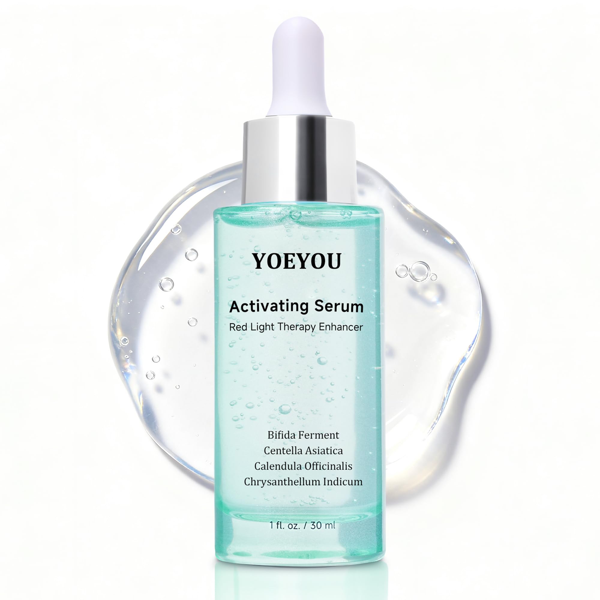 YOEYOU activating serum bottle pour demonstrates easy pre-treatment hydration for red light therapy.