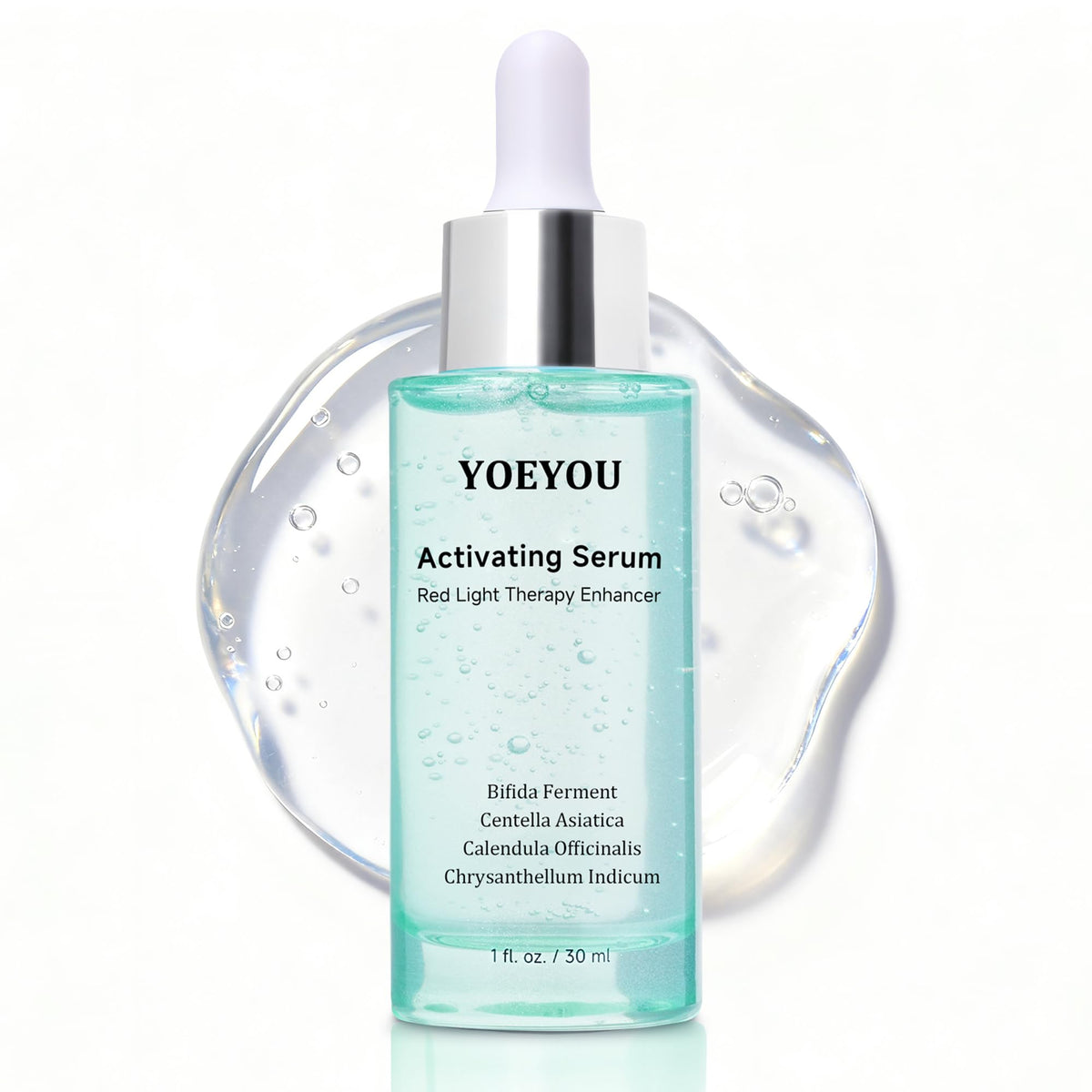 YOEYOU activating serum bottle pour demonstrates easy pre-treatment hydration for red light therapy.