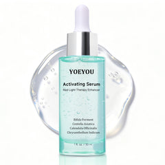 YOEYOU activating serum bottle pour demonstrates easy pre-treatment hydration for red light therapy.