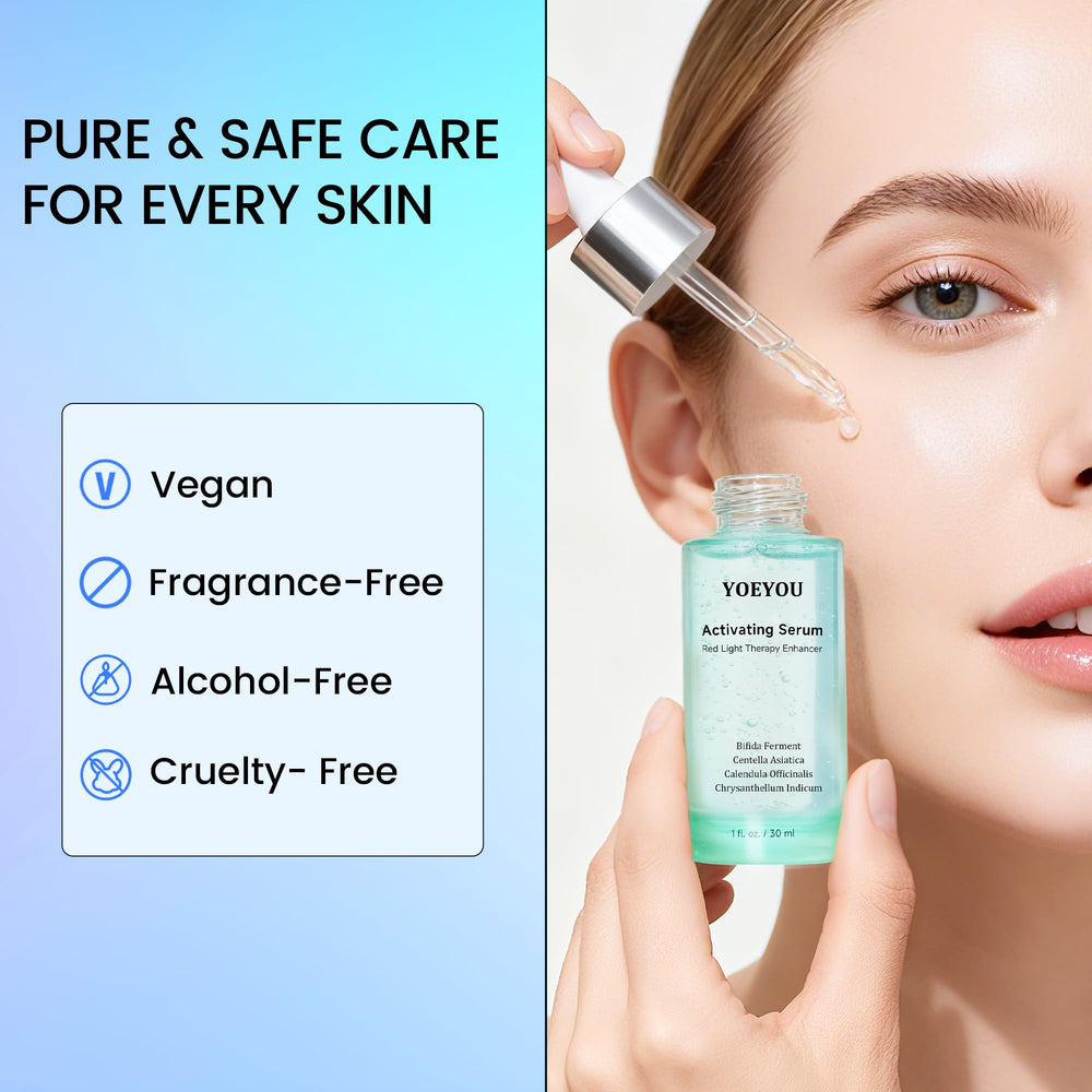 YOEYOU activating serum texture swirl captures lightweight, fast-absorbing formula ideal for red light routines.