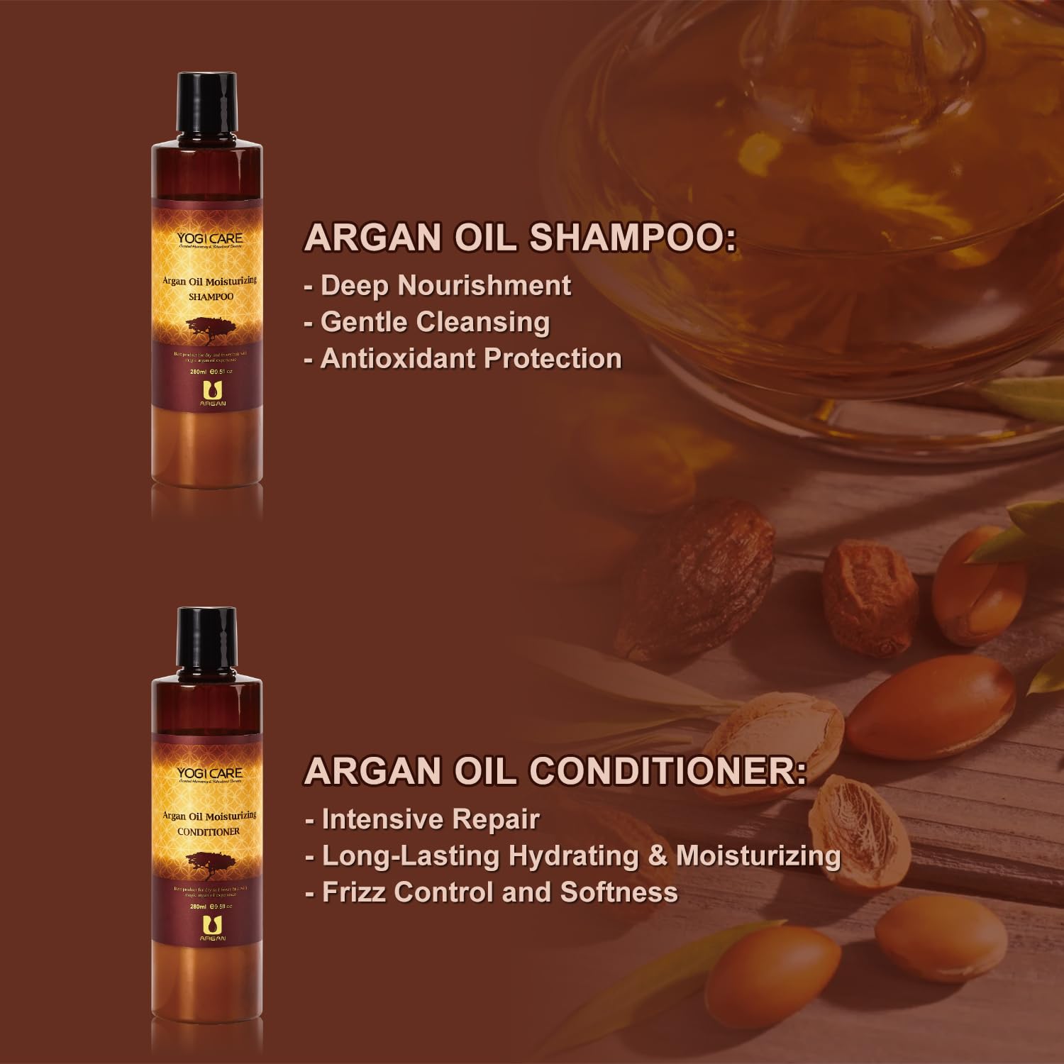 YOGI CARE Argan Oil Conditioner tube highlights detangling and smoothness for dry hair
