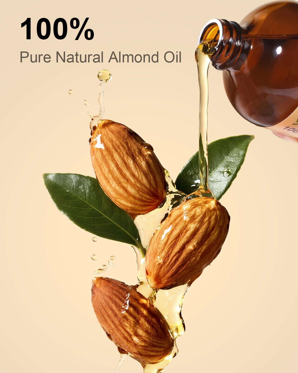 Close-up of Yoken almond oil in amber glass bottle with golden texture