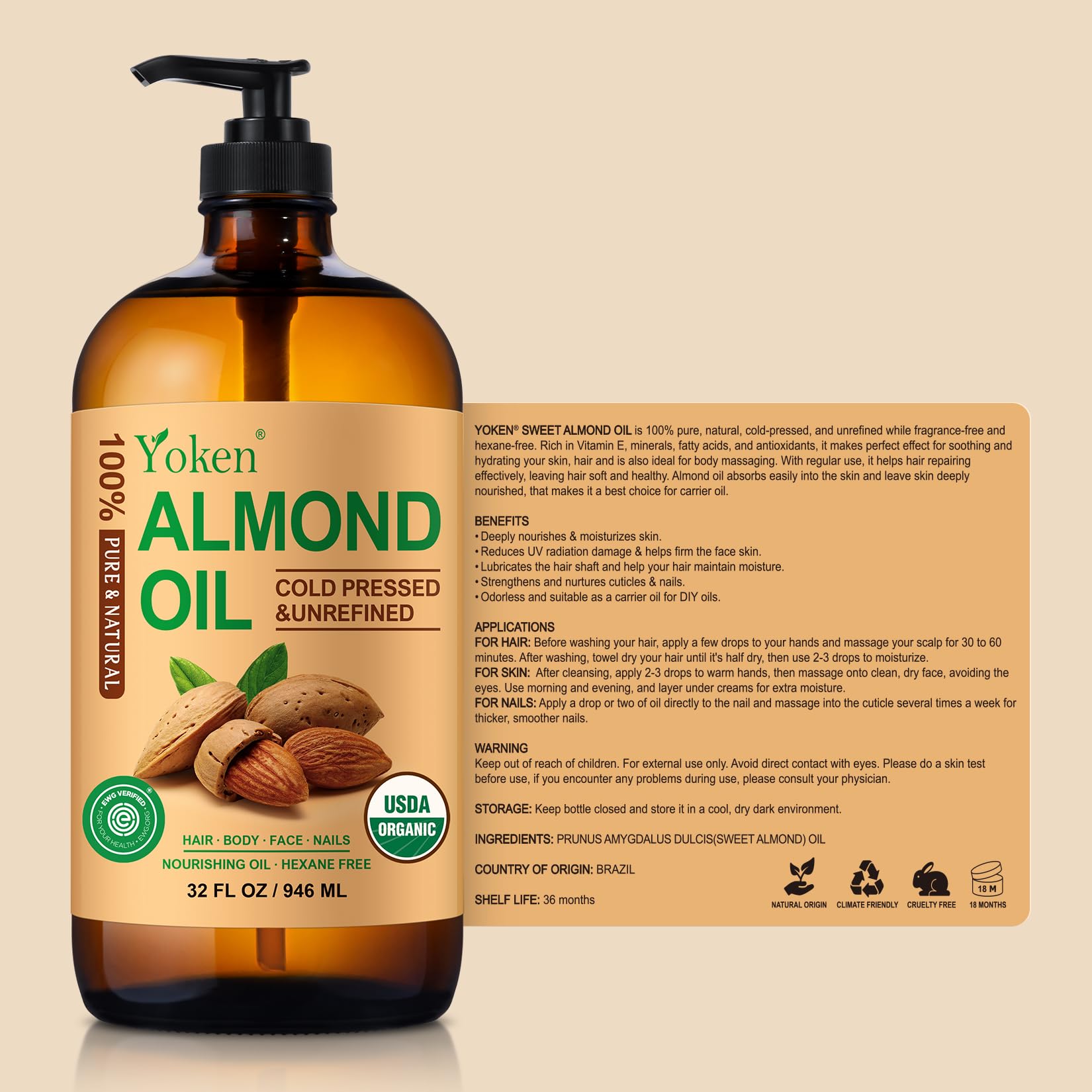 Yoken almond oil rich in vitamin E supports skin resilience.