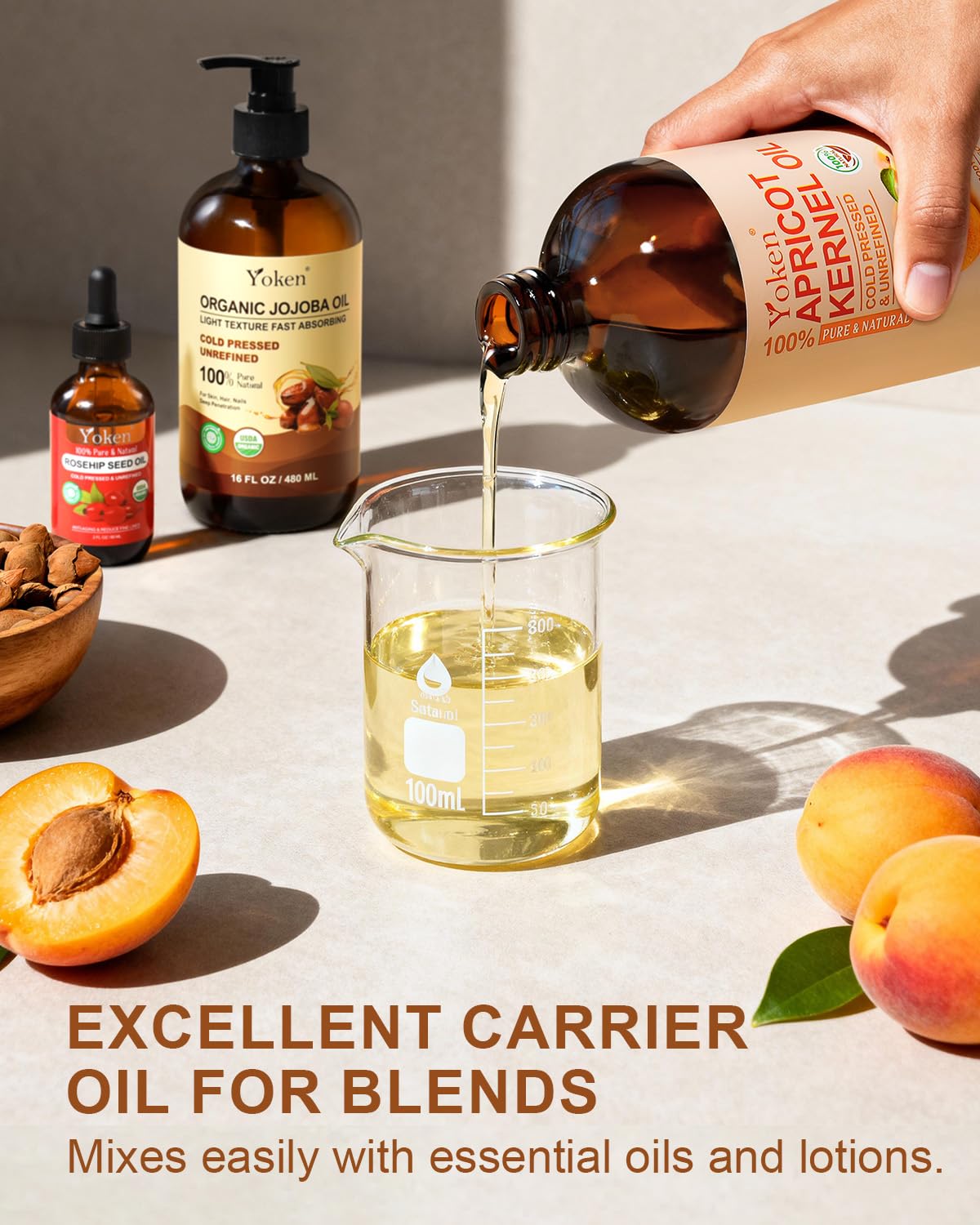 Yoken apricot oil used for hair care to add shine and manageability.