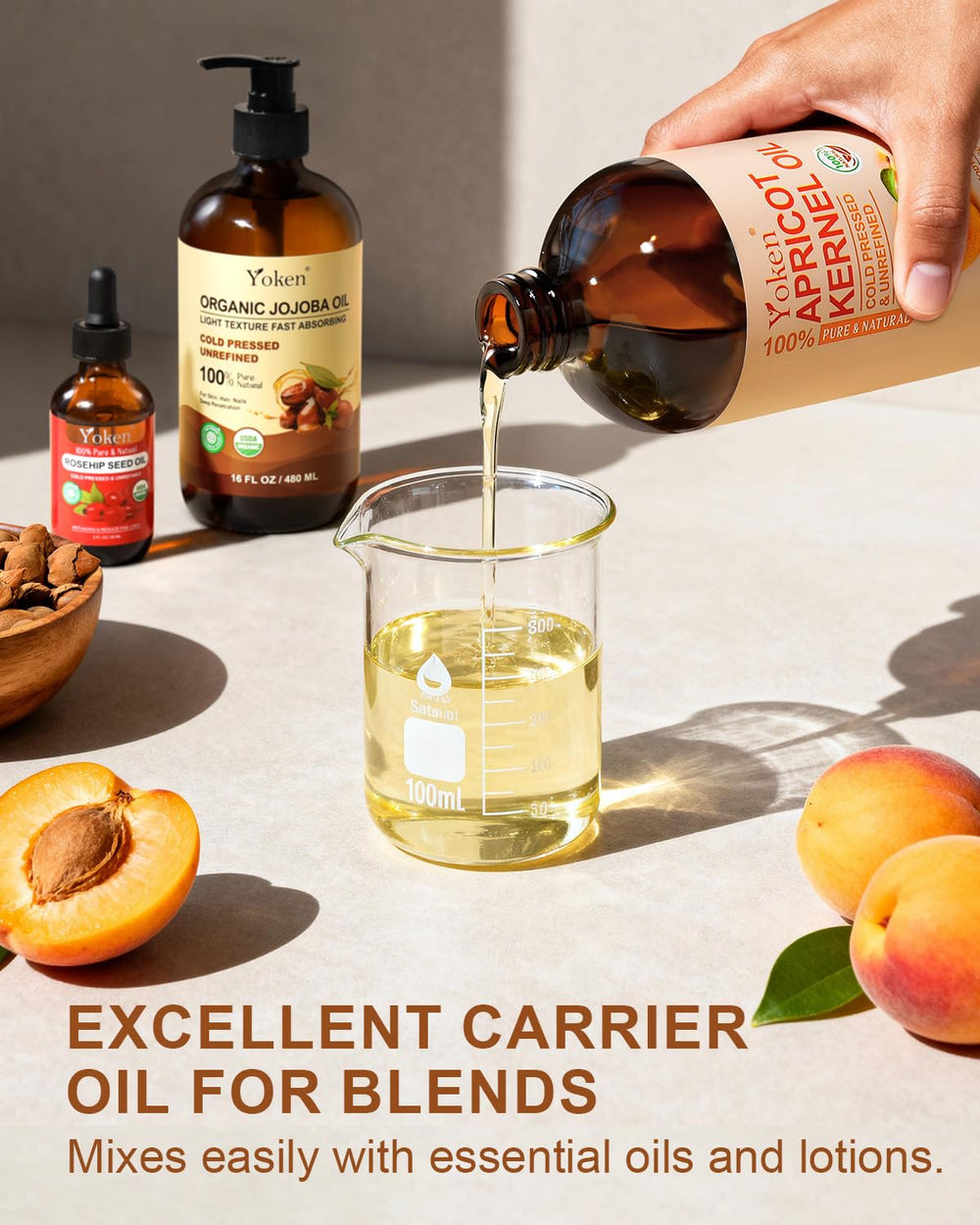 Yoken apricot oil used for hair care to add shine and manageability.