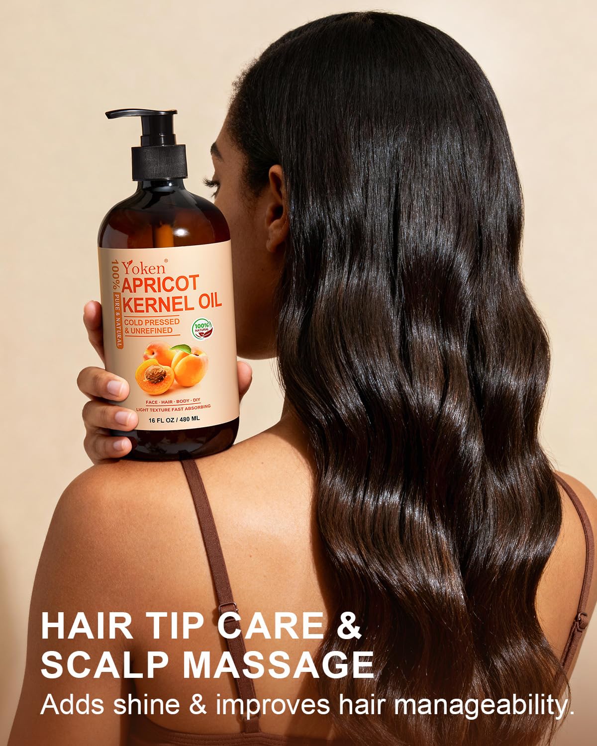 Yoken apricot oil applied to skin for light hydration.