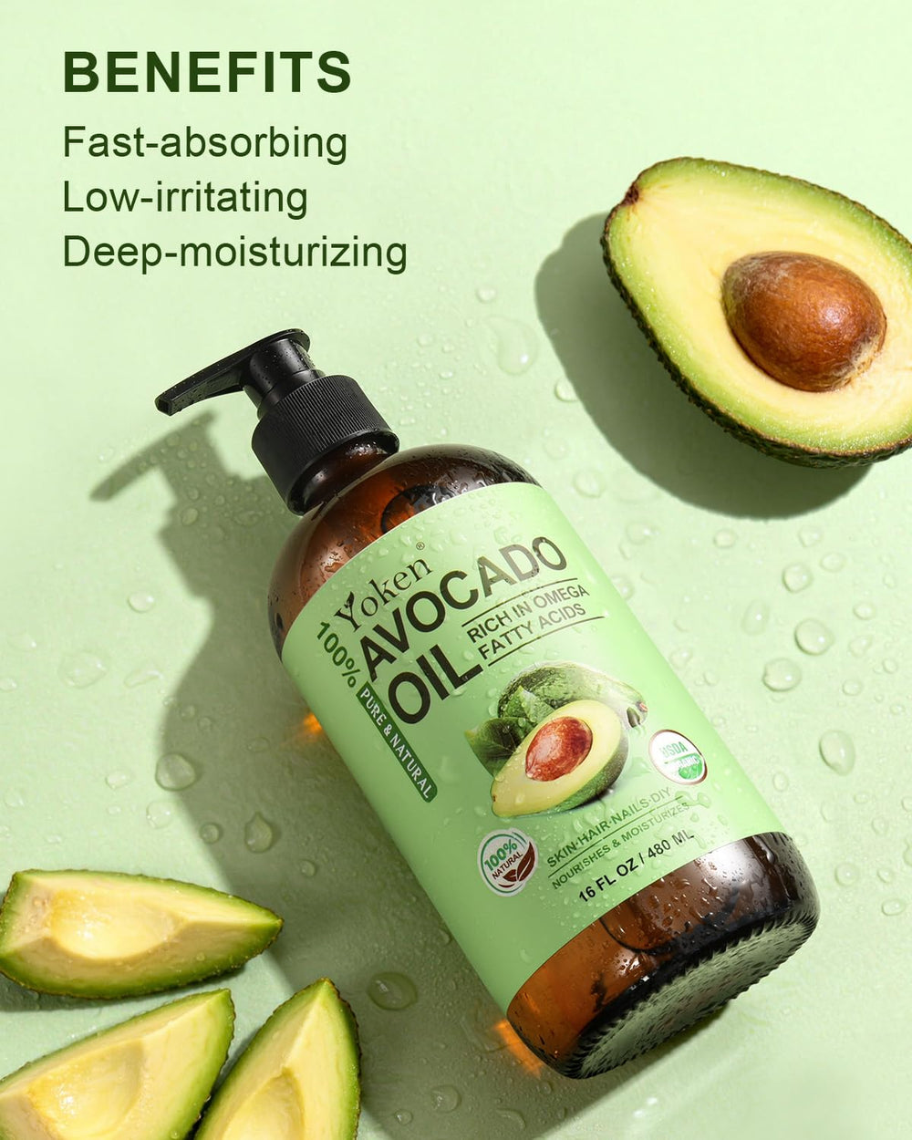 Yoken avocado oil close-up texture highlights rich non-greasy feel