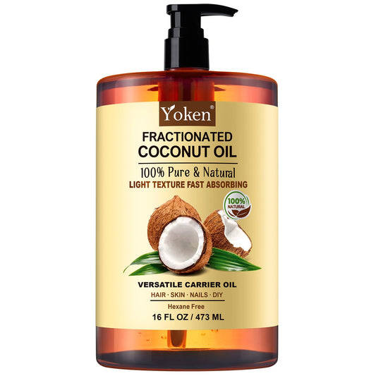 Yoken Fractionated Coconut Oil bottle pour demonstrates a lightweight carrier for skin and hair.