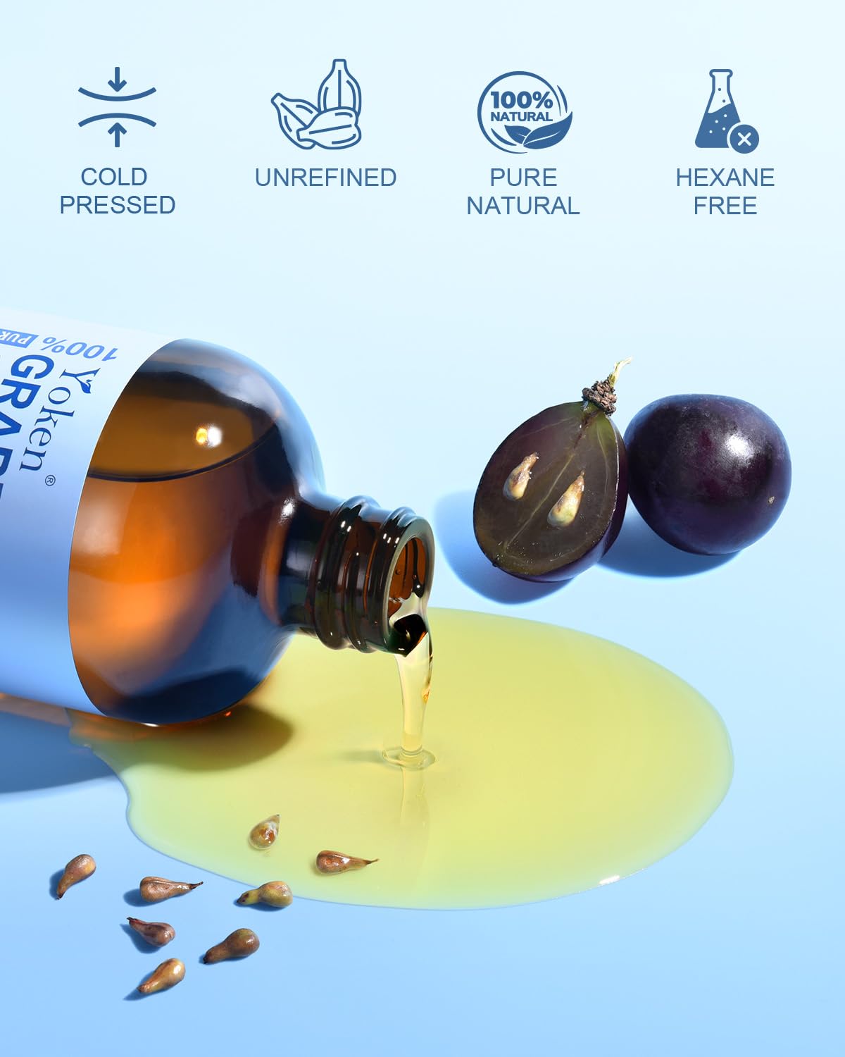 Amber glass bottle protects freshness and potency of Yoken Grapeseed Oil.