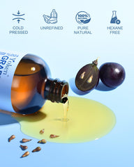 Amber glass bottle protects freshness and potency of Yoken Grapeseed Oil.