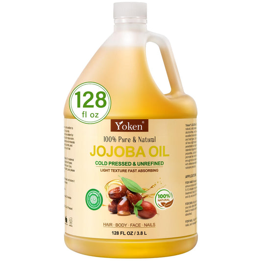 Yoken Jojoba Oil gallon bottle highlighting bulk purity for DIY skincare.