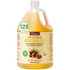 Yoken Jojoba Oil gallon bottle highlighting bulk purity for DIY skincare.