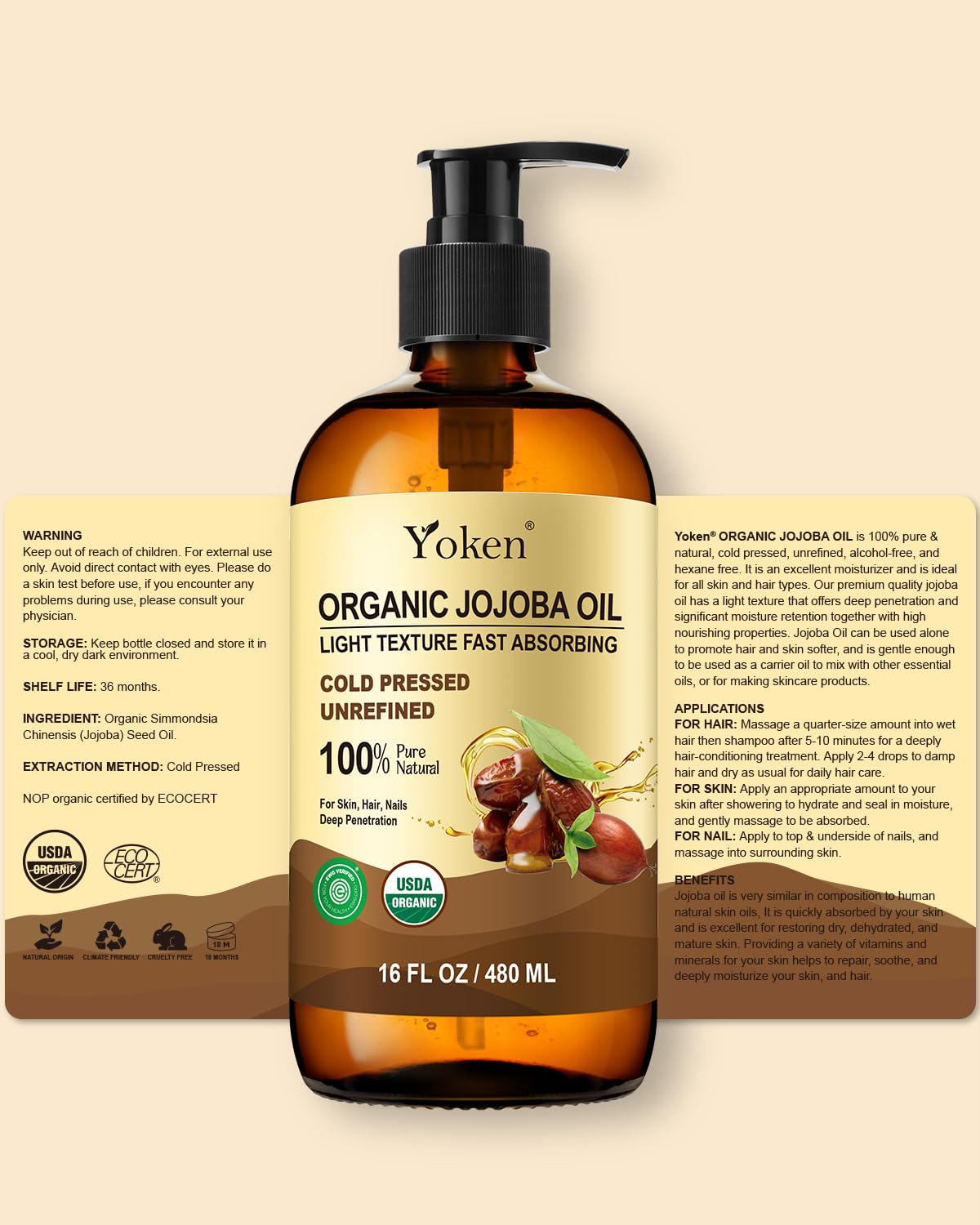 Golden liquid texture of Yoken organic jojoba oil suggests premium care.