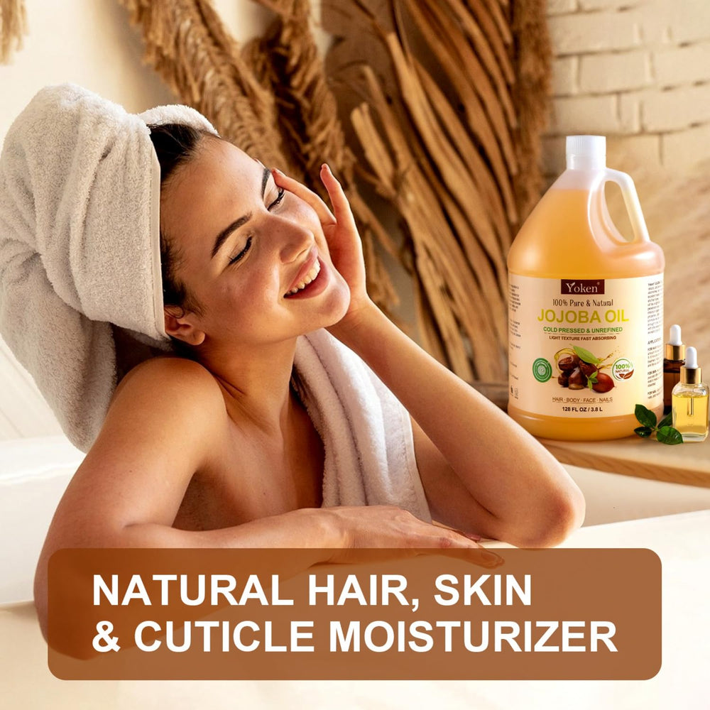 Yoken Jojoba Oil used as a hair treatment for shine and hydration.