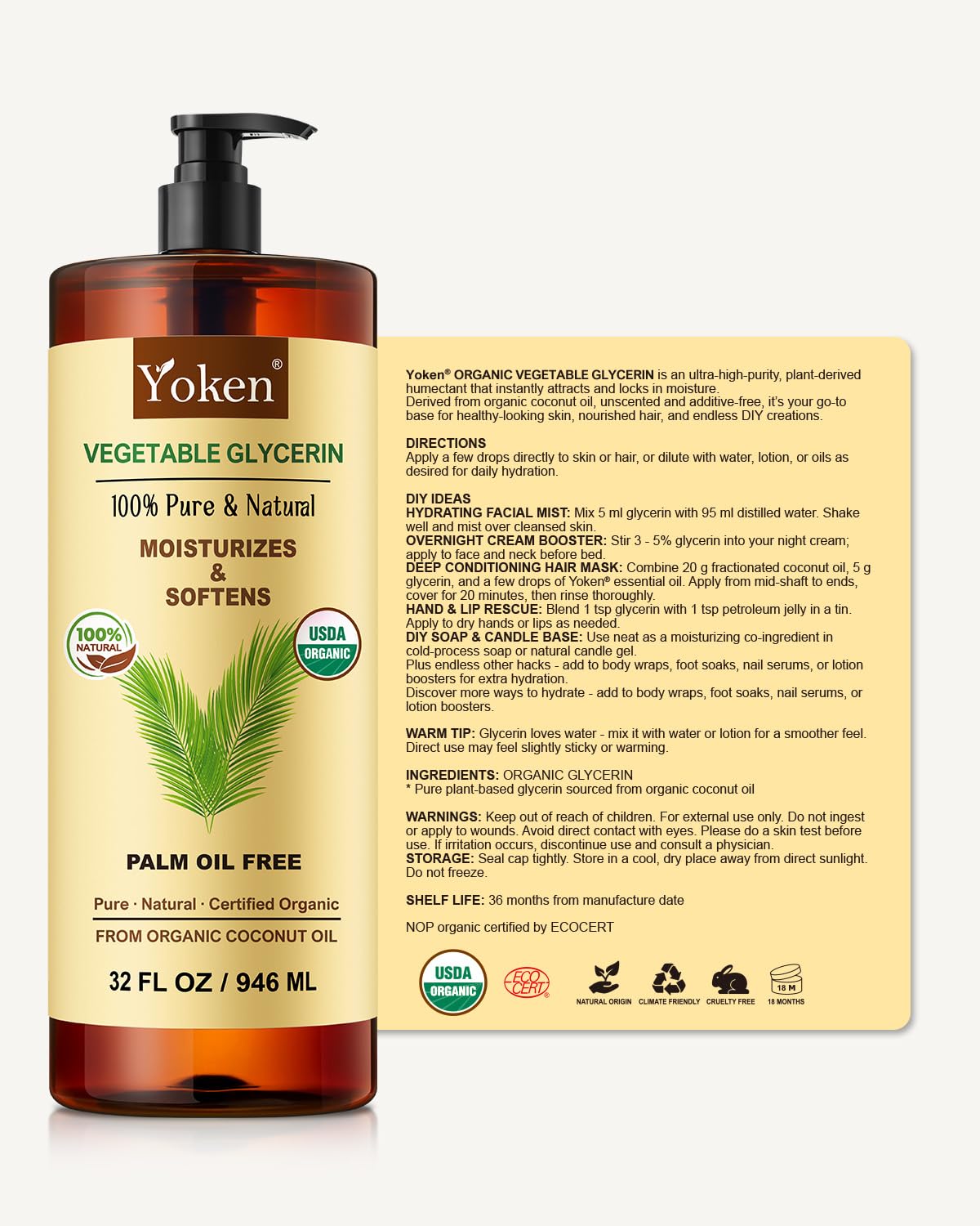 Yoken odorless glycerin serves as a colorless base for soaps.