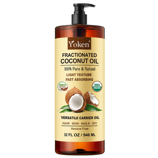 Yoken Organic Fractionated Coconut Oil bottle showing purity and ease of use for skin and hair care