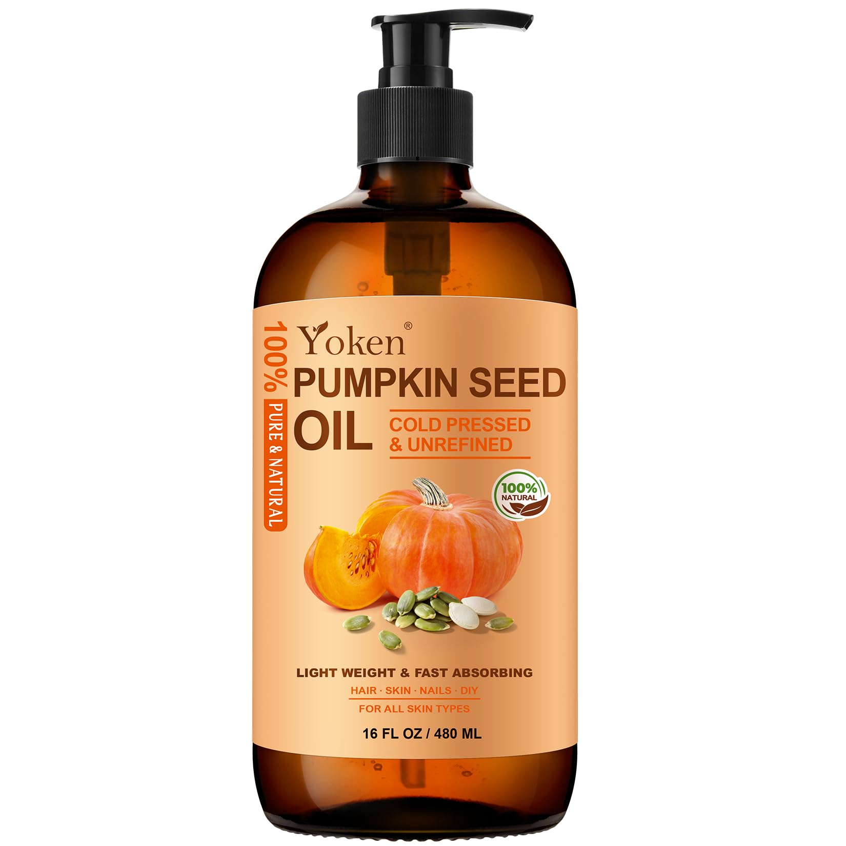 Yoken pumpkin seed oil bottle closeup for nourishing hair and skin hydration.