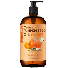 Yoken pumpkin seed oil bottle closeup for nourishing hair and skin hydration.