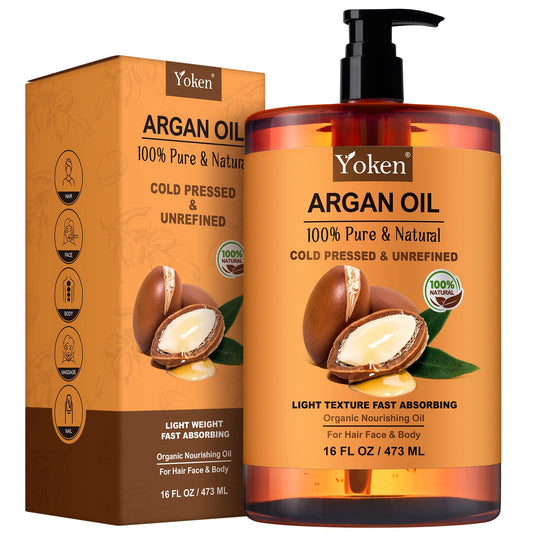 Yoken Pure Argan Oil bottle on a bathroom shelf for versatile hair and skin nourishment