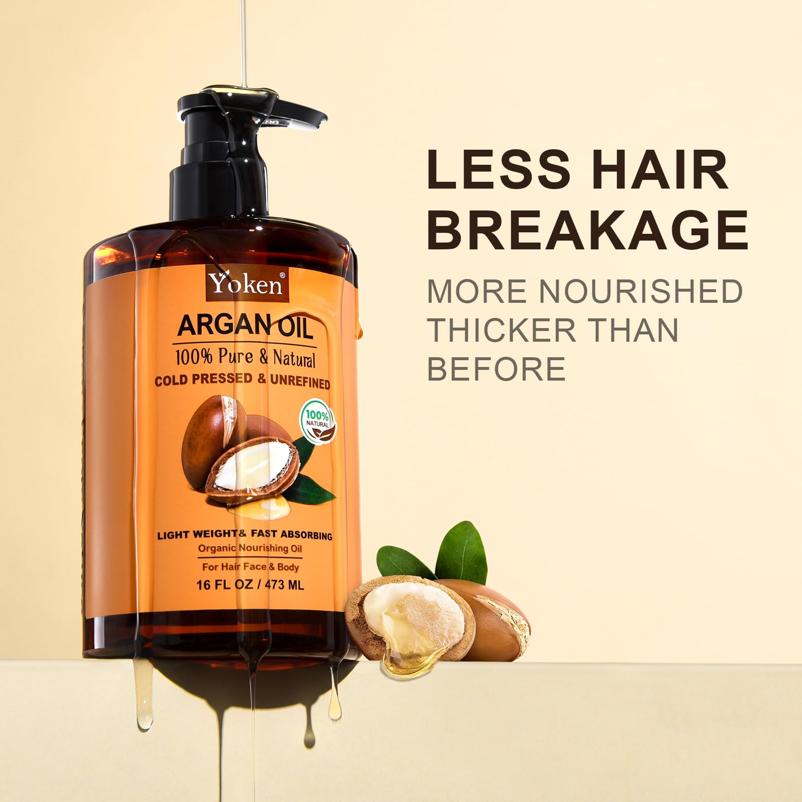 Close-up of Yoken argan oil texture ready to nourish dry hair ends