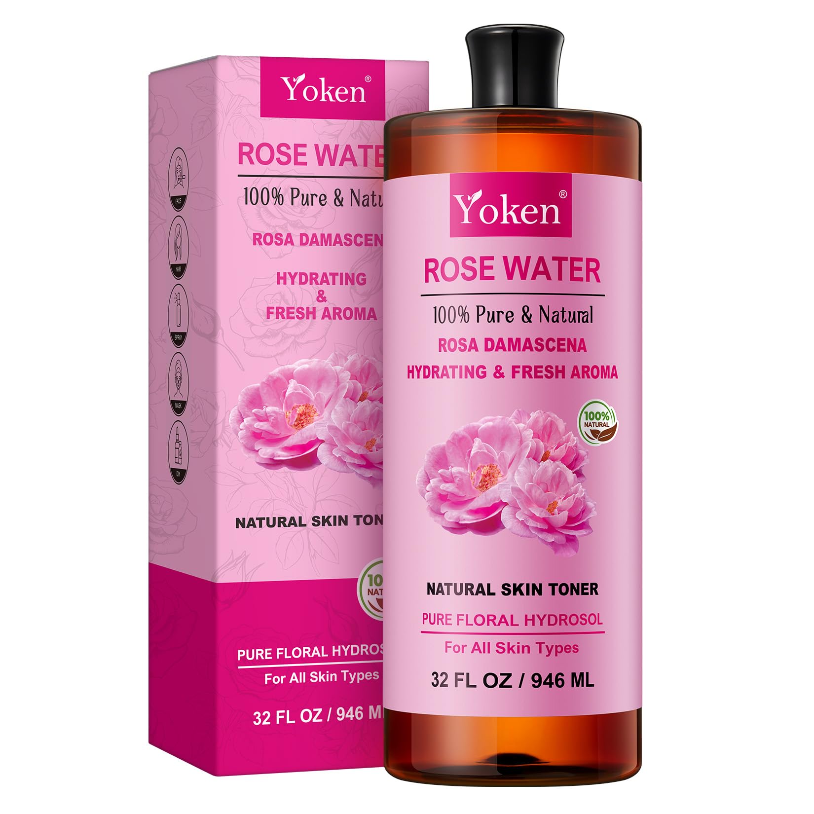 Yoken Pure Rose Water bottle in amber, 32oz, preserving freshness for daily use.