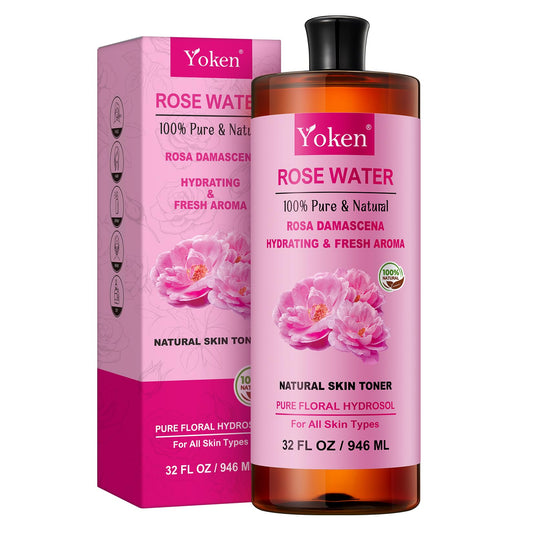 Yoken Pure Rose Water bottle in amber, 32oz, preserving freshness for daily use.
