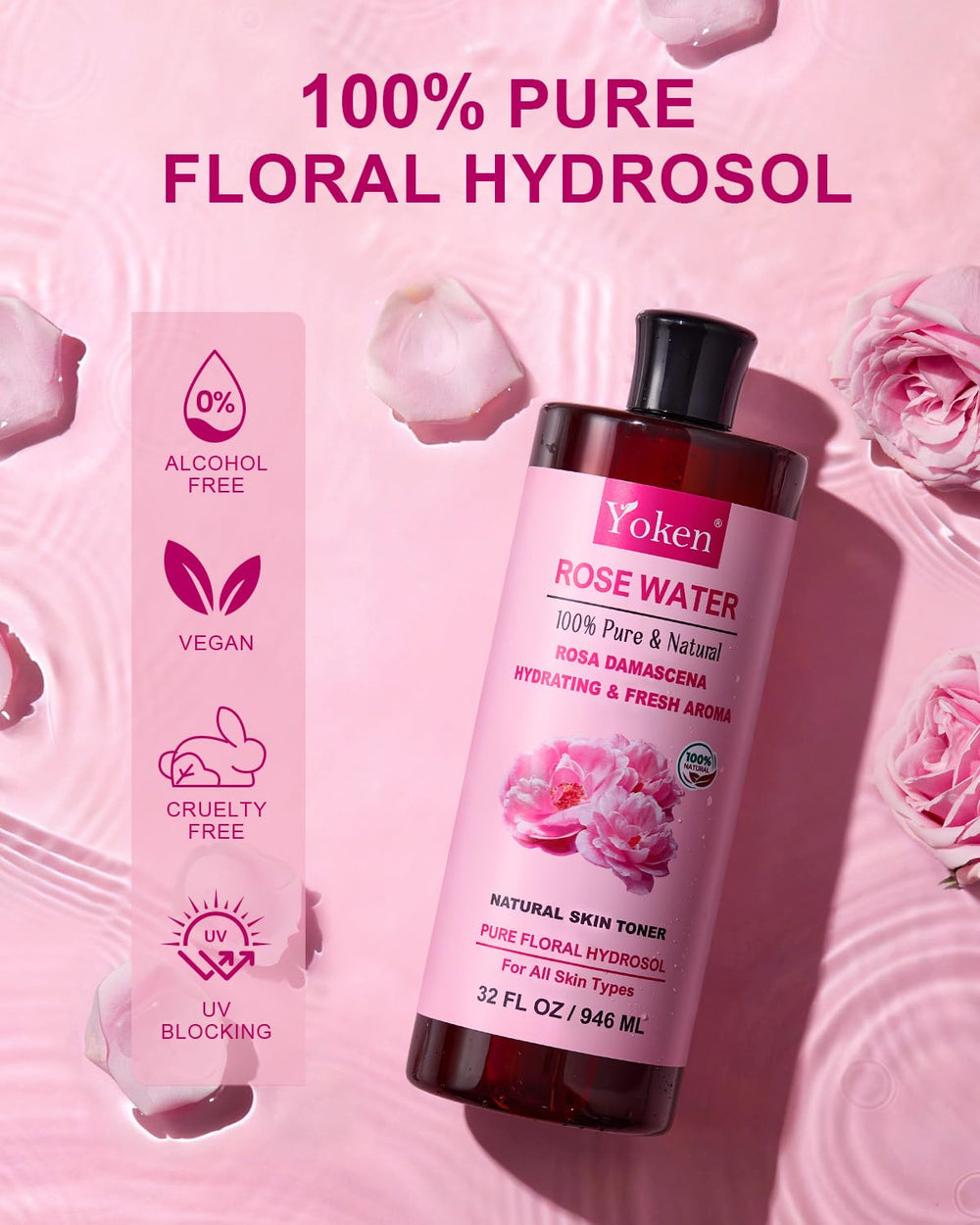 Yoken Rose Water face spray, refreshing skin with gentle, lightweight hydration.