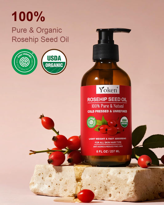 Yoken Rosehip Seed Oil pour captured for easy application and quick absorption