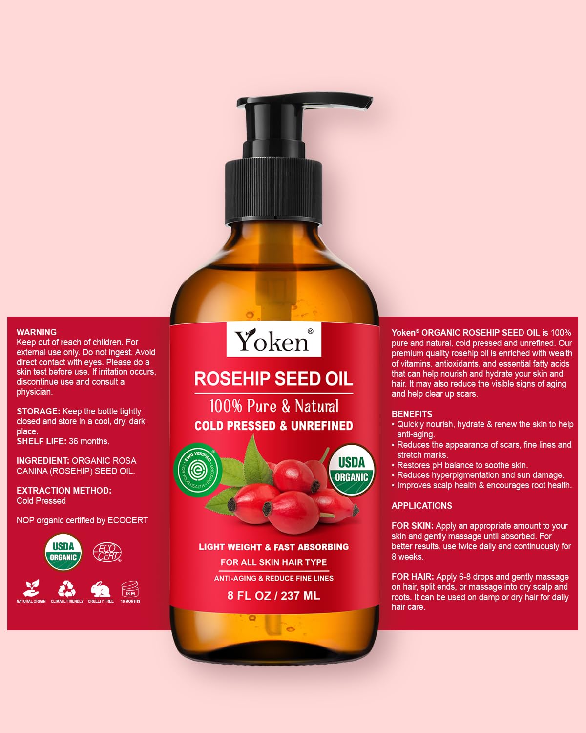 Yoken Rosehip Seed Oil with rosehip flowers conveys natural sourcing and freshness