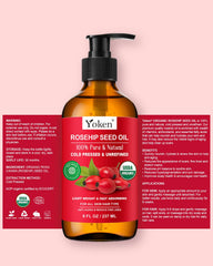 Yoken Rosehip Seed Oil with rosehip flowers conveys natural sourcing and freshness