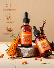 Bright sea buckthorn berries beside Yoken Sea Buckthorn Oil bottle
