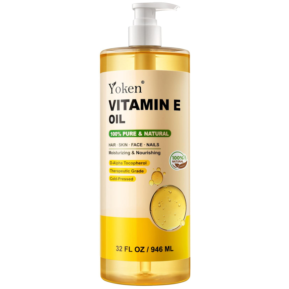 Yoken Vitamin E Oil 32oz bottle prepared for daily skin hydration.