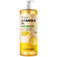 Yoken Vitamin E Oil 32oz bottle prepared for daily skin hydration.