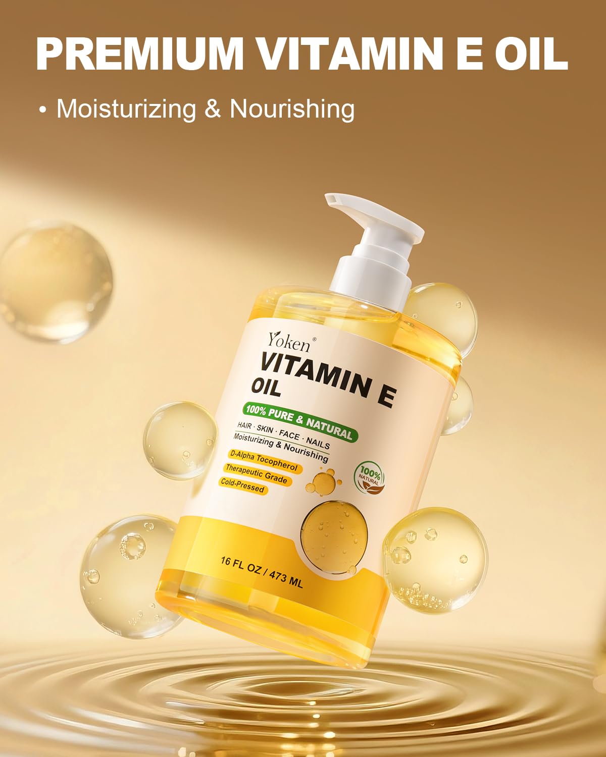 Yoken Vitamin E Oil pump top enables easy, precise application