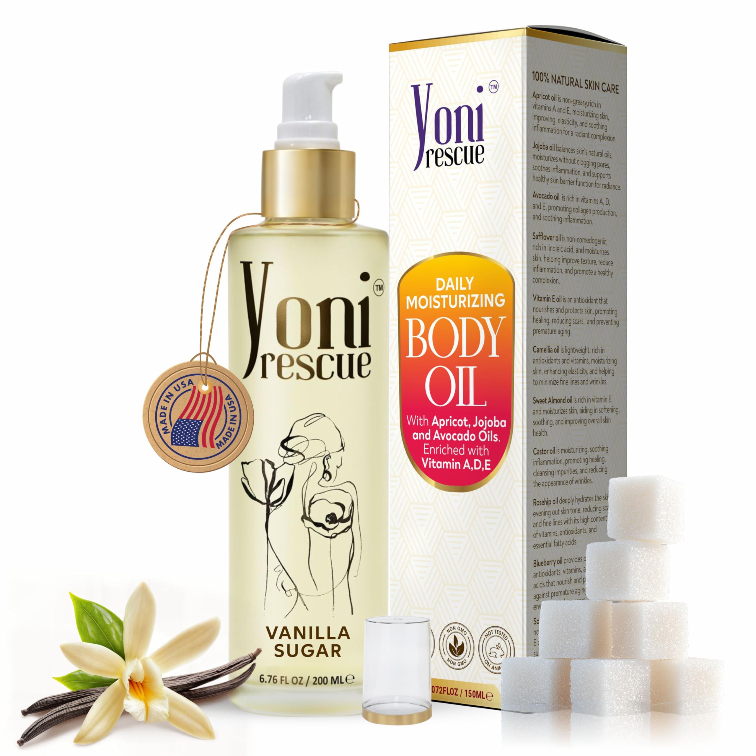 Yoni Rescue Vanilla Body Oil bottle on shelf for daily hydration.