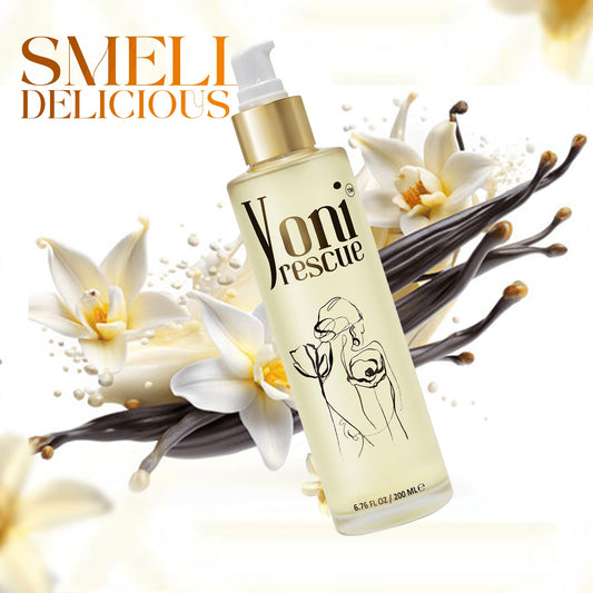 Close-up of Yoni Rescue Vanilla Body Oil pump dispenser for easy application.