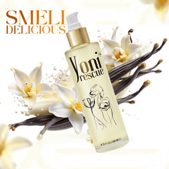 Close-up of Yoni Rescue Vanilla Body Oil pump dispenser for easy application.